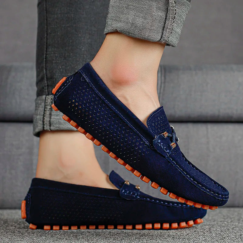 Men's Perforated Suede Loafers with Moc Toe and Bit Trim