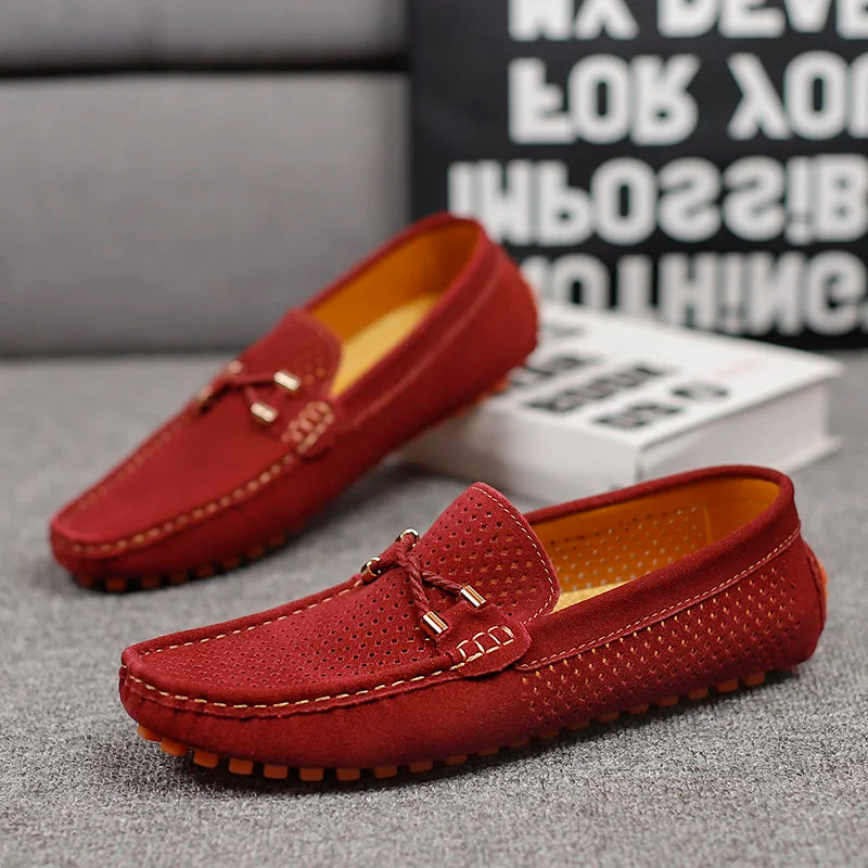 Men's Perforated Suede Loafers with Moc Toe and Bit Trim