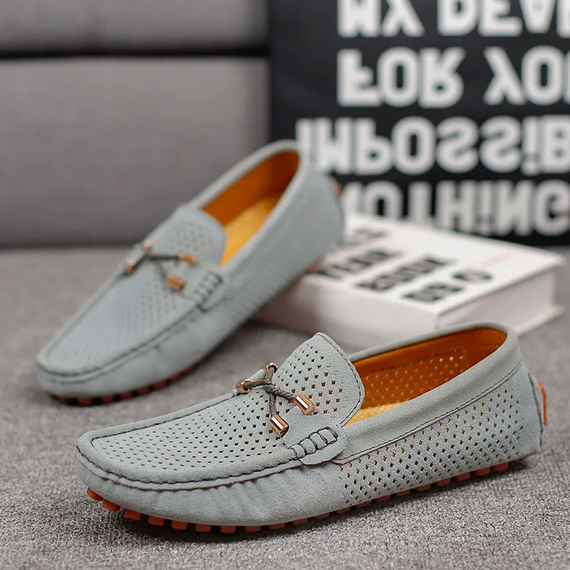 Men's Perforated Suede Loafers with Moc Toe and Bit Trim