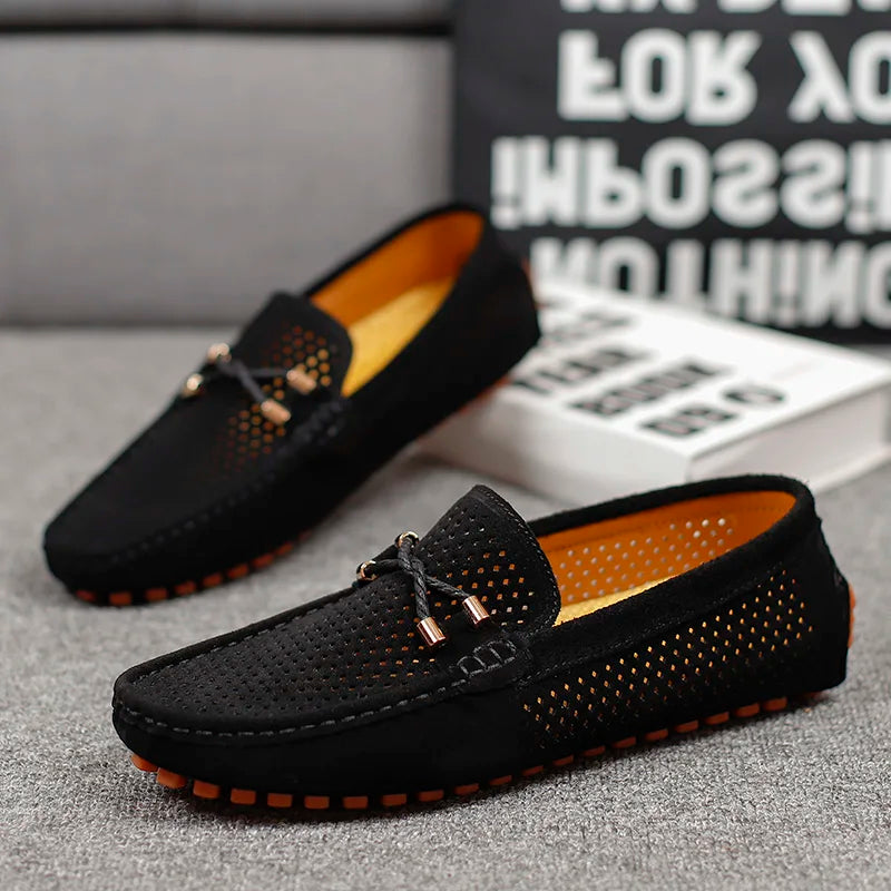 Men's Perforated Suede Loafers with Moc Toe and Bit Trim