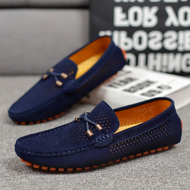Men's Perforated Suede Loafers with Moc Toe and Bit Trim