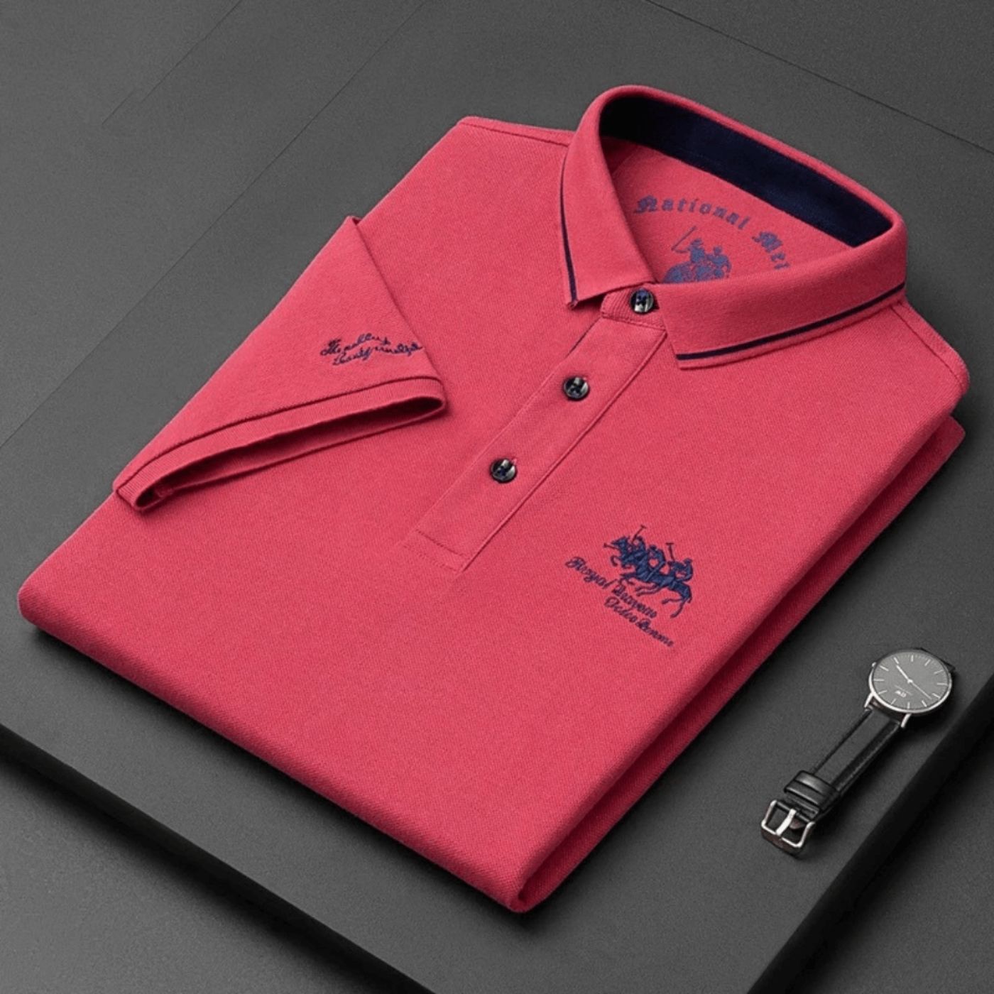 Men's Piqué Knit Polo Shirt with Tipped Collar and Embroidery