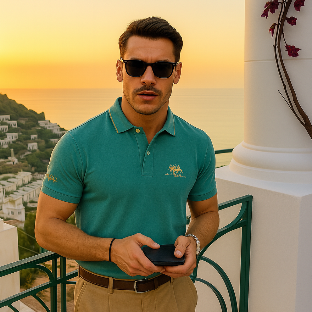 Men's Piqué Knit Polo Shirt with Tipped Collar and Embroidery