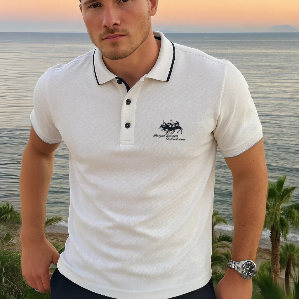 Men's Piqué Knit Polo Shirt with Tipped Collar and Embroidery