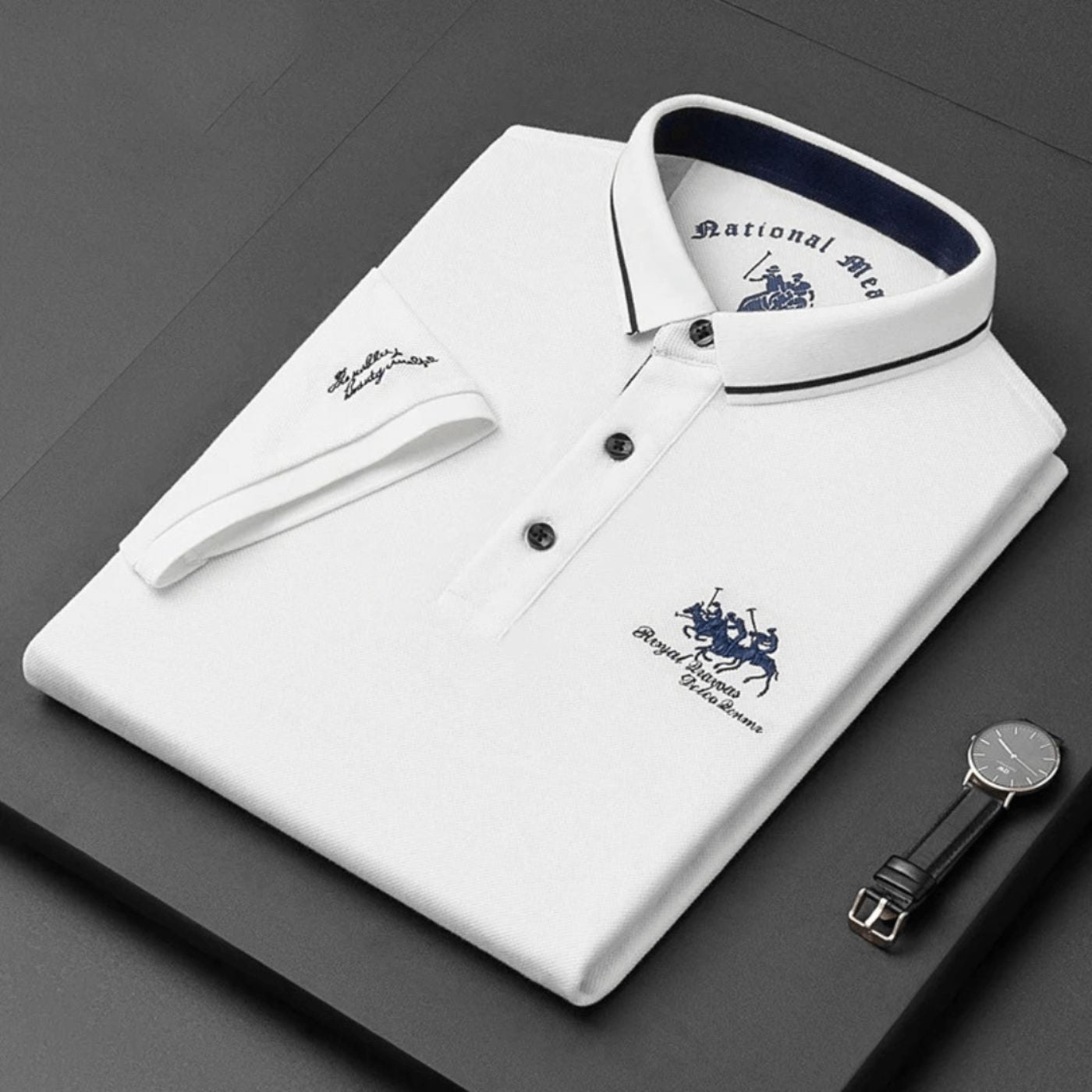 Men's Piqué Knit Polo Shirt with Tipped Collar and Embroidery