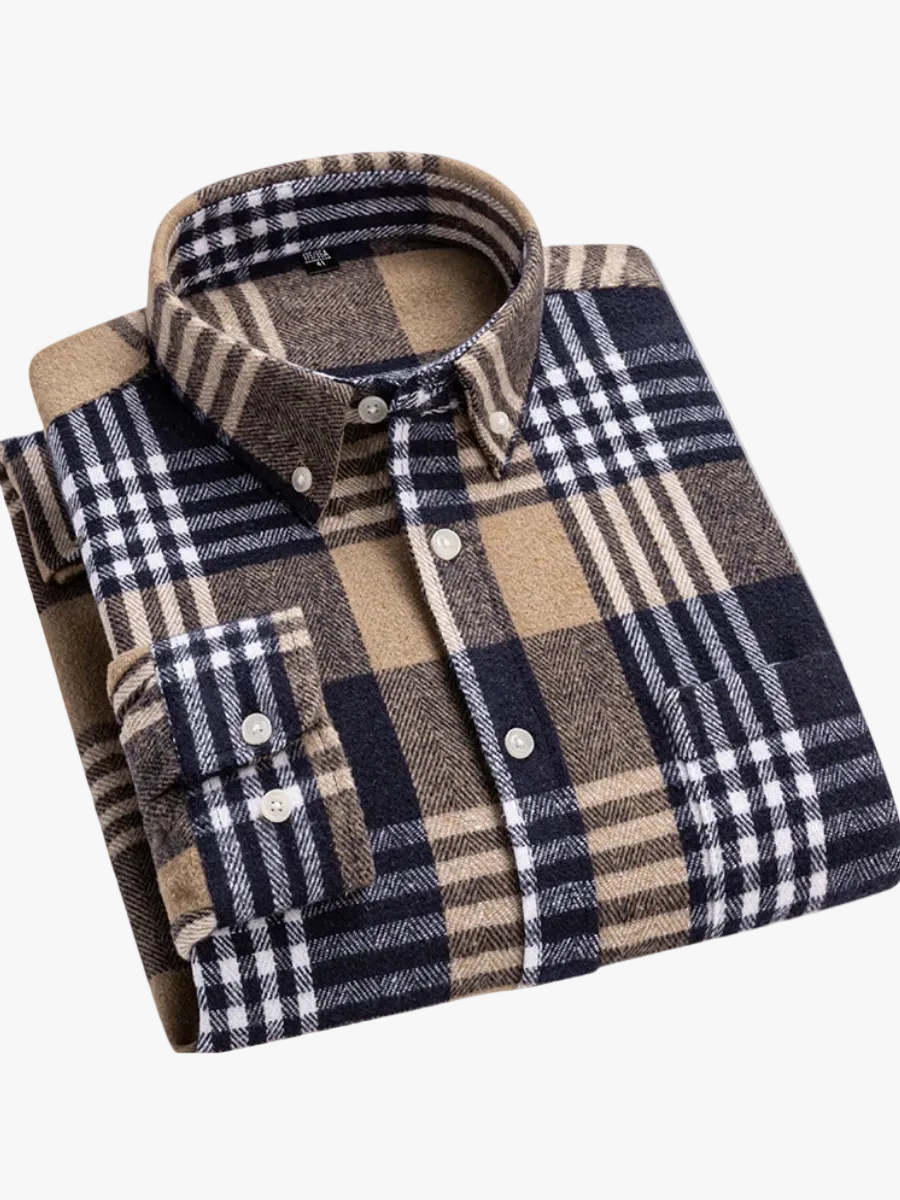Men's Plaid Brushed Twill Shirt with Button-Down Collar and Chest Pocket
