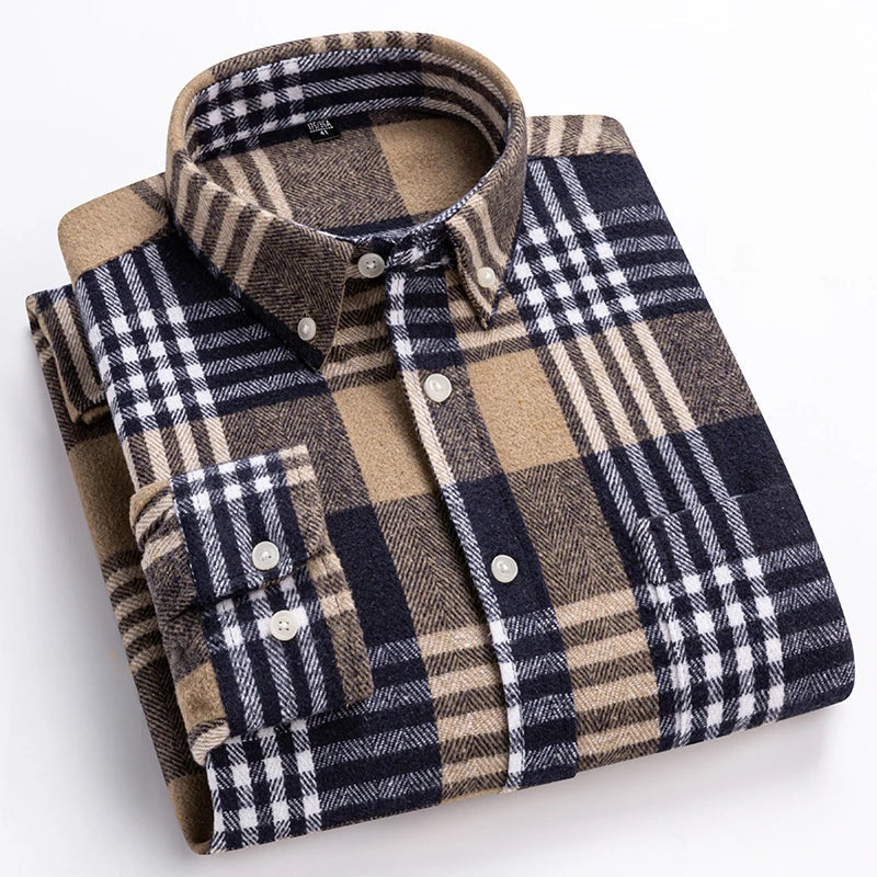 Men's Plaid Brushed Twill Shirt with Button-Down Collar and Chest Pocket