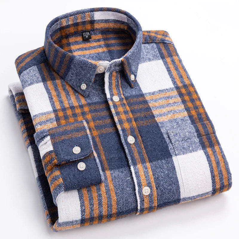 Men's Plaid Brushed Twill Shirt with Button-Down Collar and Chest Pocket
