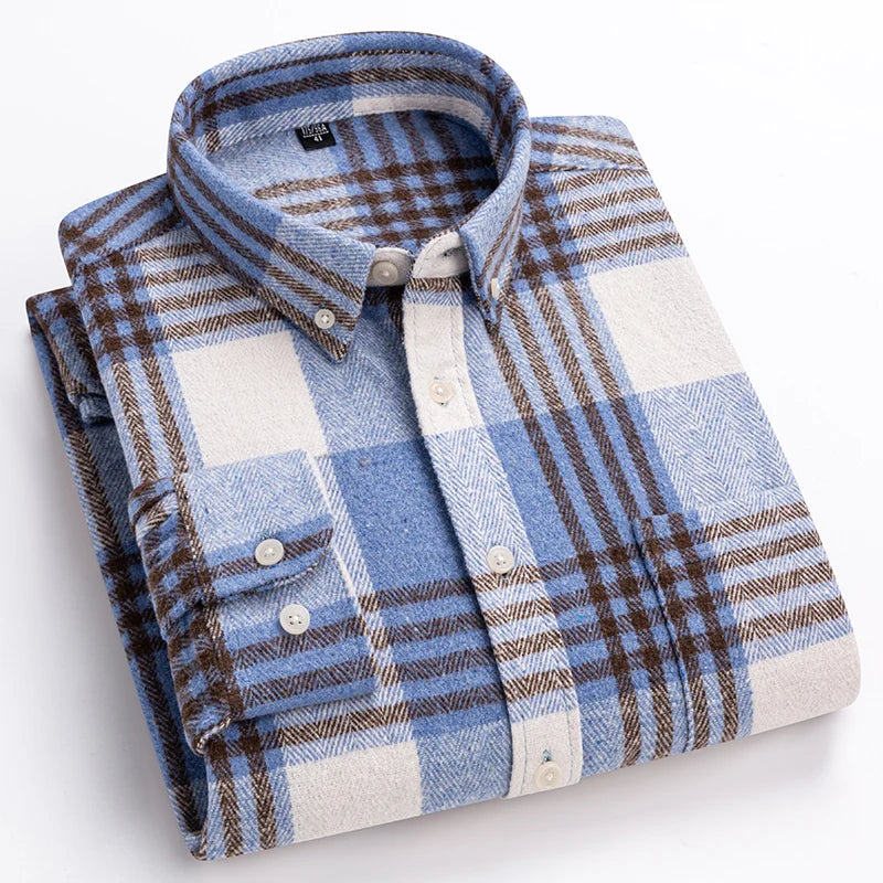 Men's Plaid Brushed Twill Shirt with Button-Down Collar and Chest Pocket