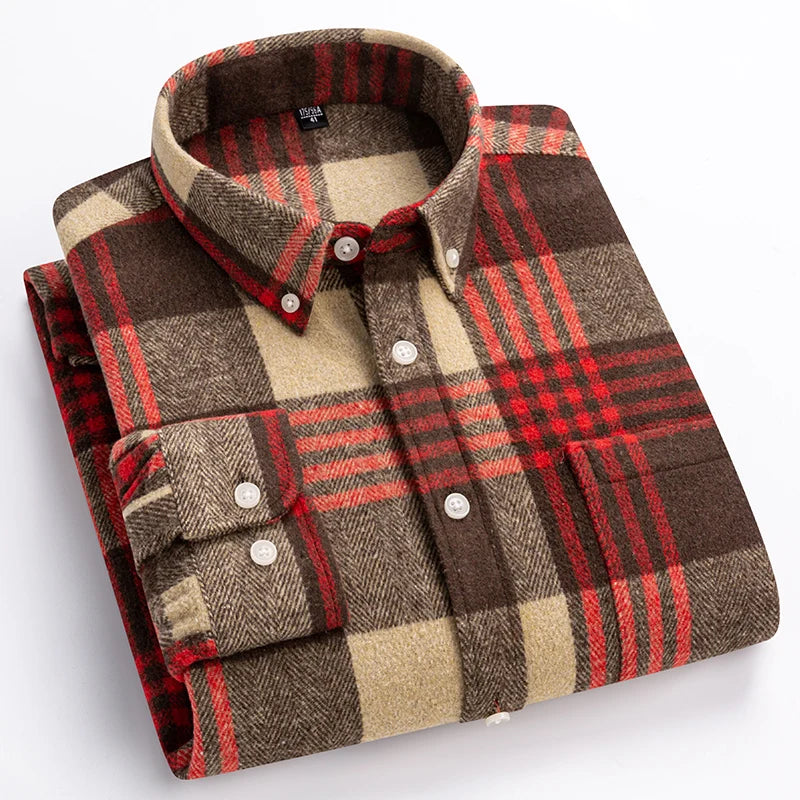 Men's Plaid Brushed Twill Shirt with Button-Down Collar and Chest Pocket