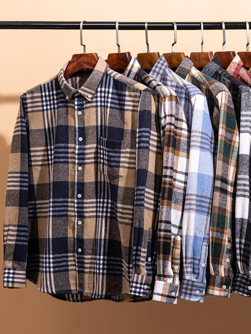 Men's Plaid Brushed Twill Shirt with Button-Down Collar and Chest Pocket