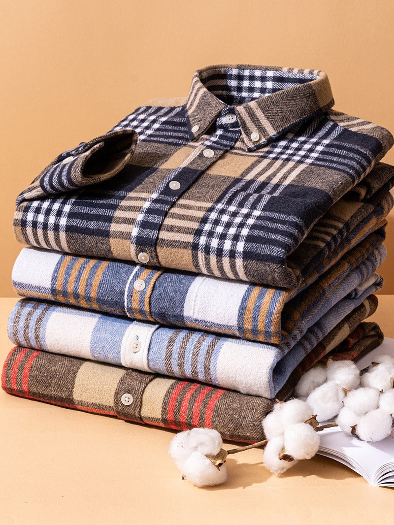 Men's Plaid Brushed Twill Shirt with Button-Down Collar and Chest Pocket
