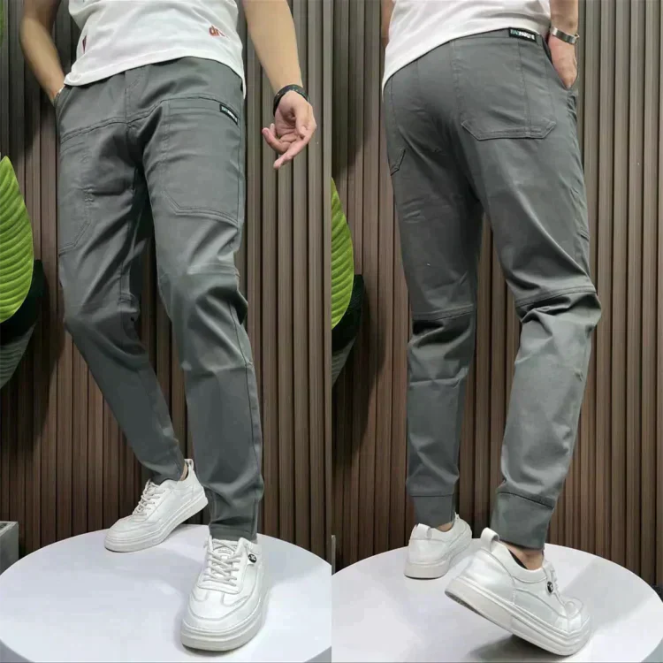 Men's Polyester Blend Cargo Pants with Zip Pocket and Tapered Leg