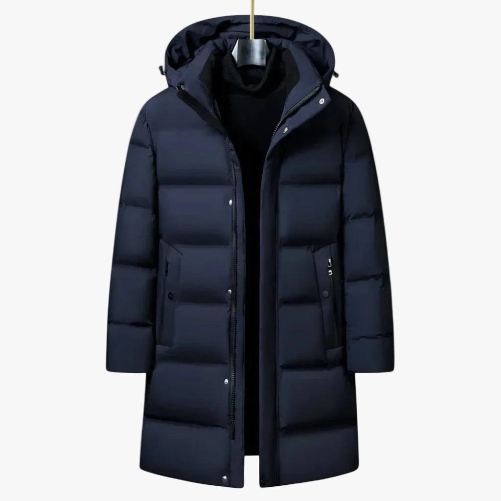 Men's Polyester-Blend Longline Parka with Hood and Quilted Panels