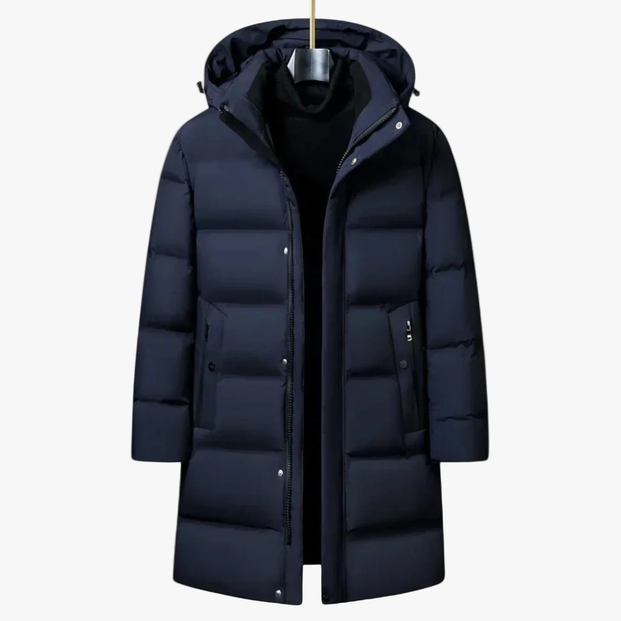 Men's Polyester-Blend Longline Parka with Hood and Quilted Panels