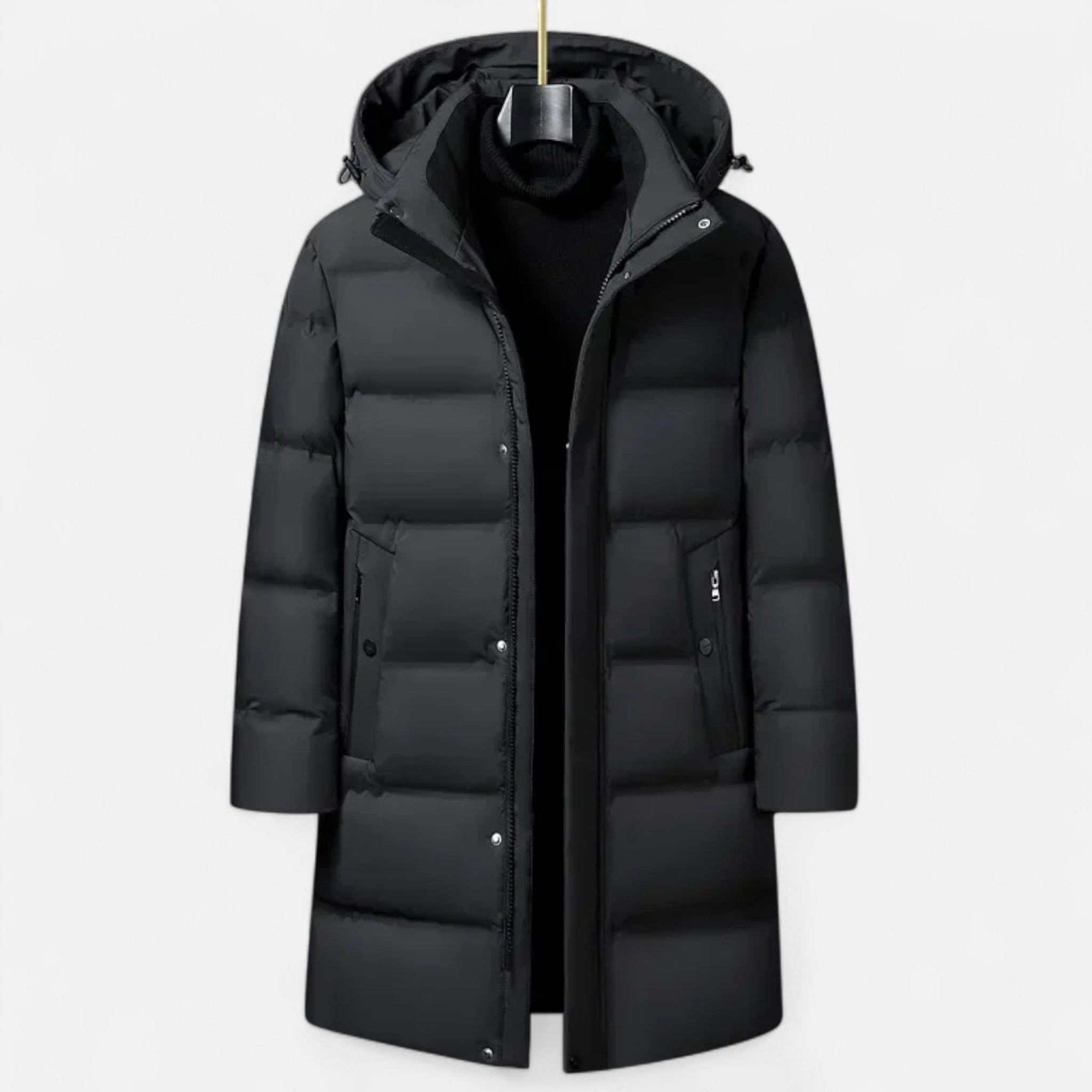 Men's Polyester-Blend Longline Parka with Hood and Quilted Panels