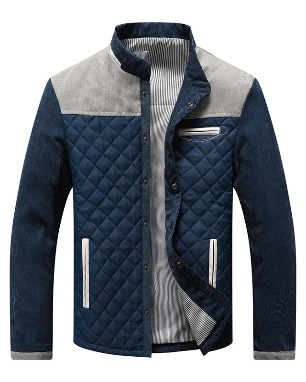 Men's Quilted Outerwear Jacket with Stand Collar and Snap Front