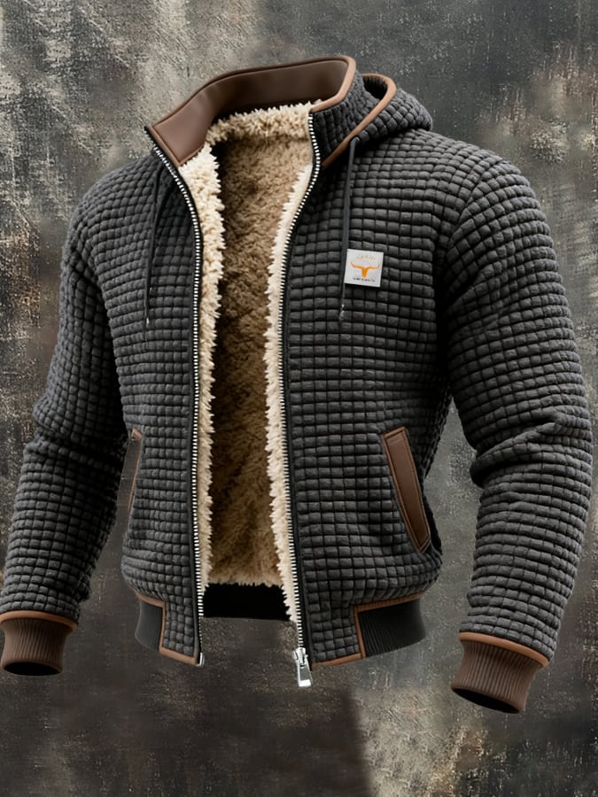 Men's Quilted Pile-Lined Winter Jacket with Hood and Zip Front