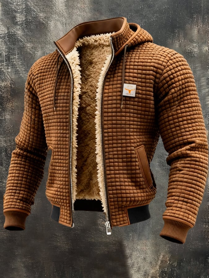 Men's Quilted Pile-Lined Winter Jacket with Hood and Zip Front
