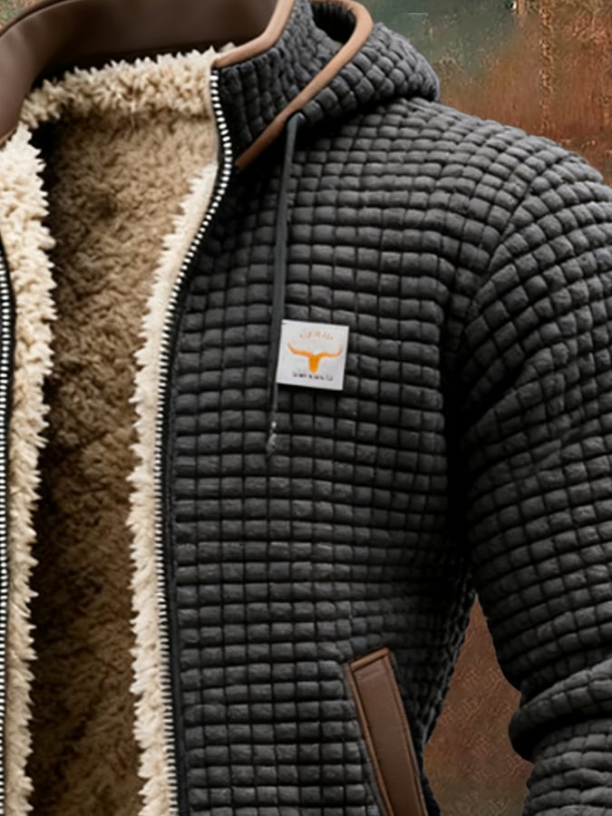 Men's Quilted Pile-Lined Winter Jacket with Hood and Zip Front