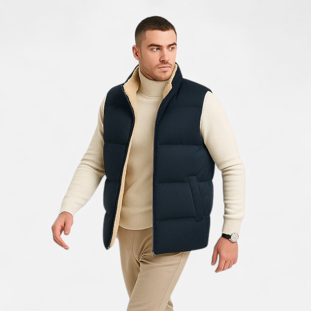 Men's Quilted Polyester Puffer Jacket with Fleece Lining and Stand Collar