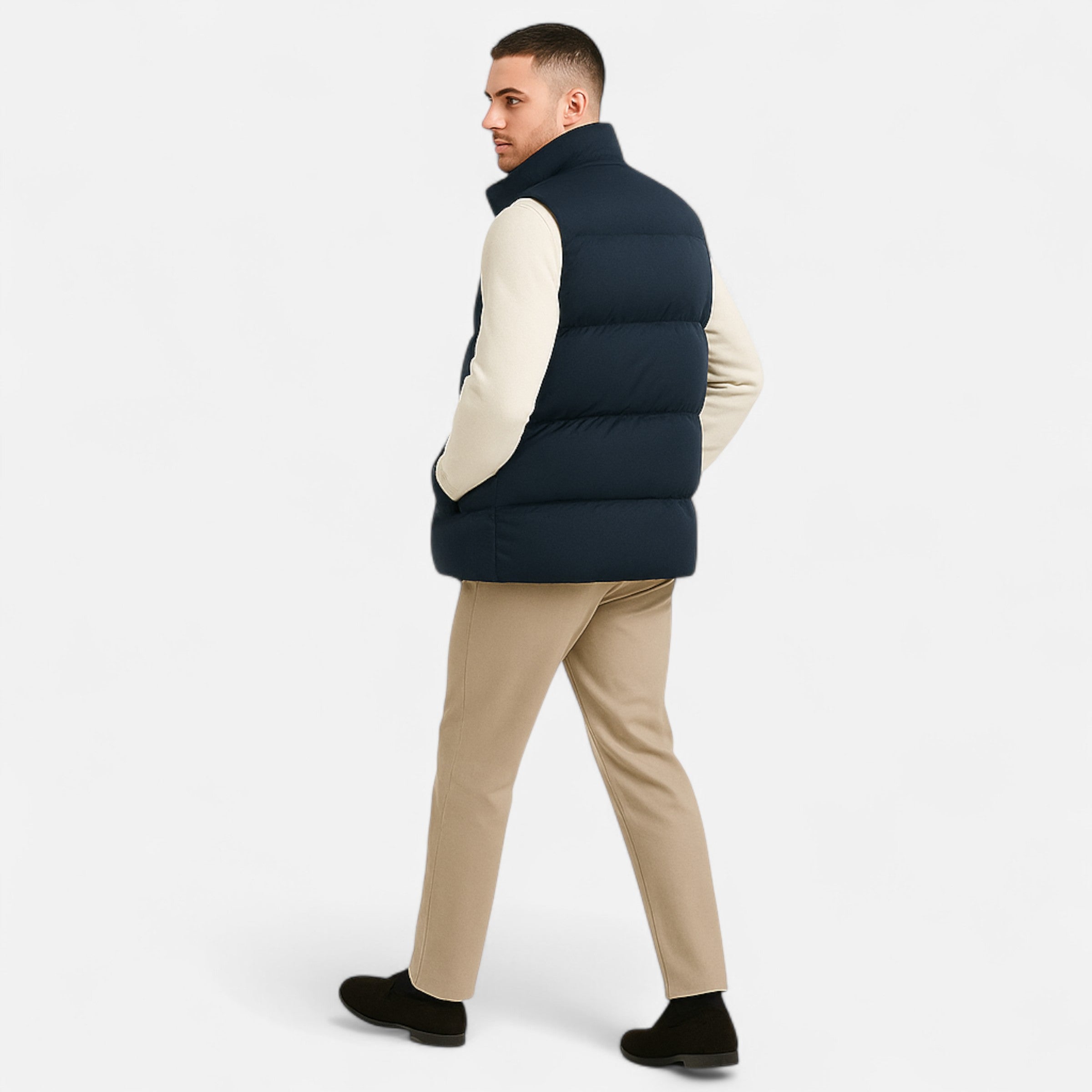 Men's Quilted Polyester Puffer Jacket with Fleece Lining and Stand Collar