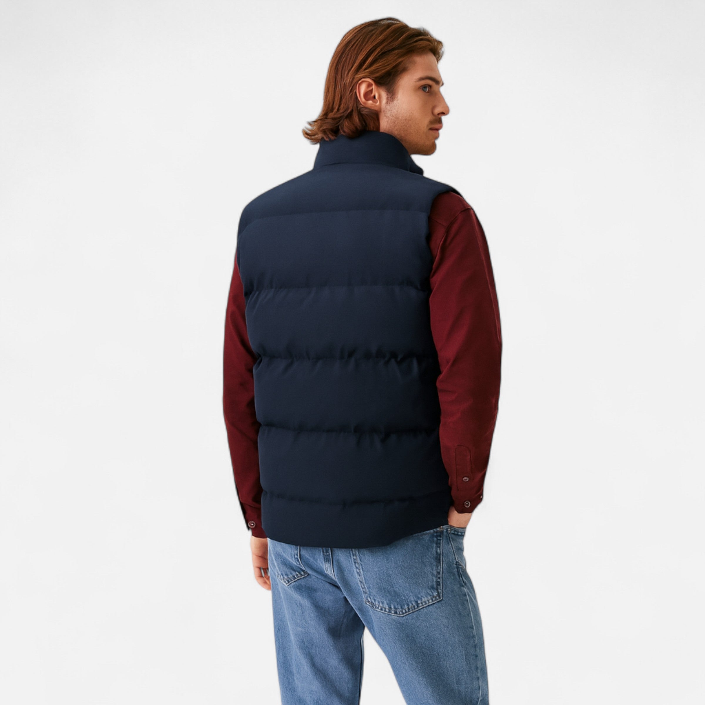 Men's Quilted Polyester Puffer Jacket with Fleece Lining and Stand Collar