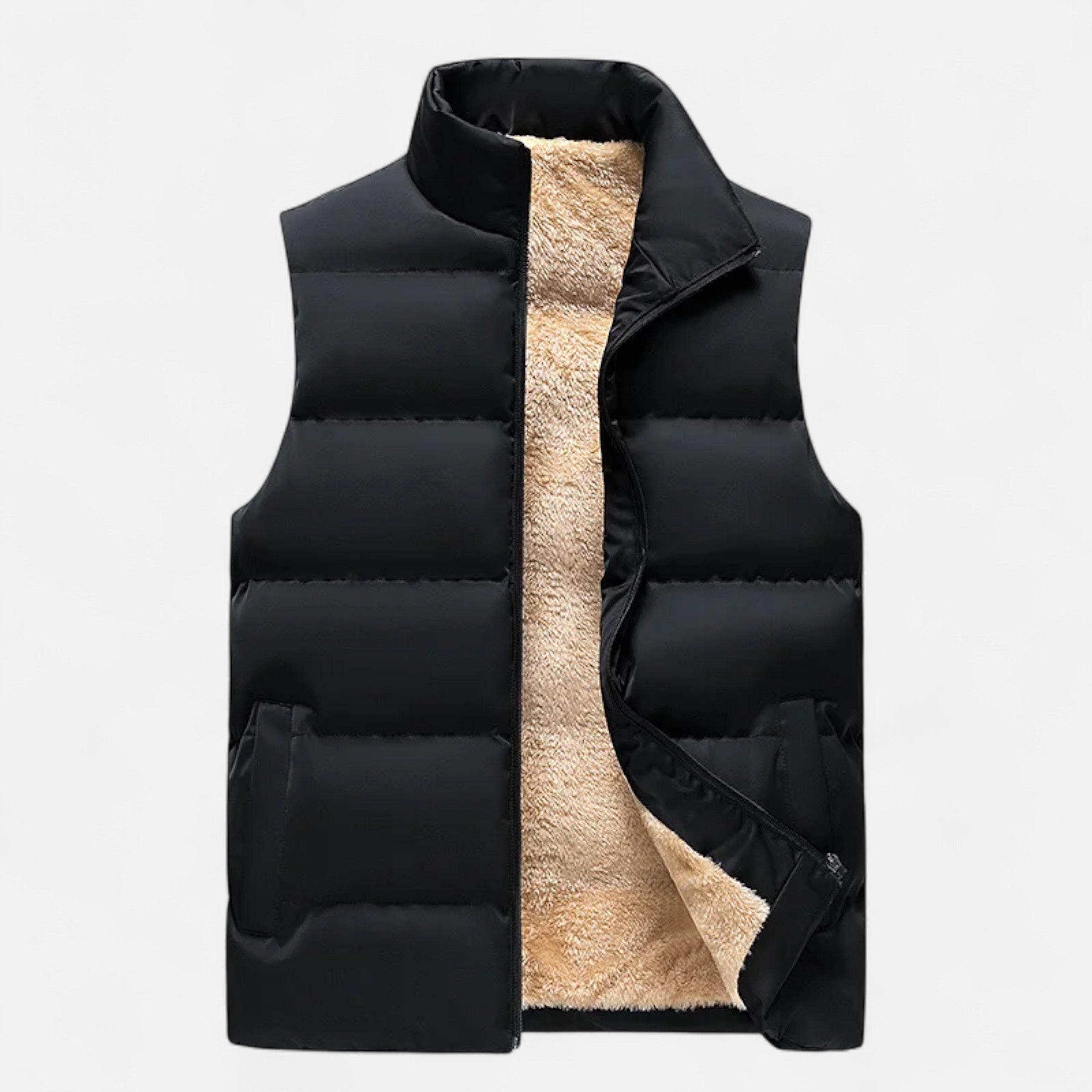 Men's Quilted Polyester Puffer Jacket with Fleece Lining and Stand Collar