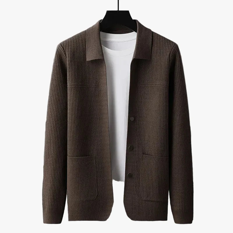 Men's Rib Knit Cardigan with Button Front and Patch Pockets