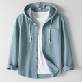 Men's Ribbed Knit Hooded Shirt with Button Front and Chest Pocket
