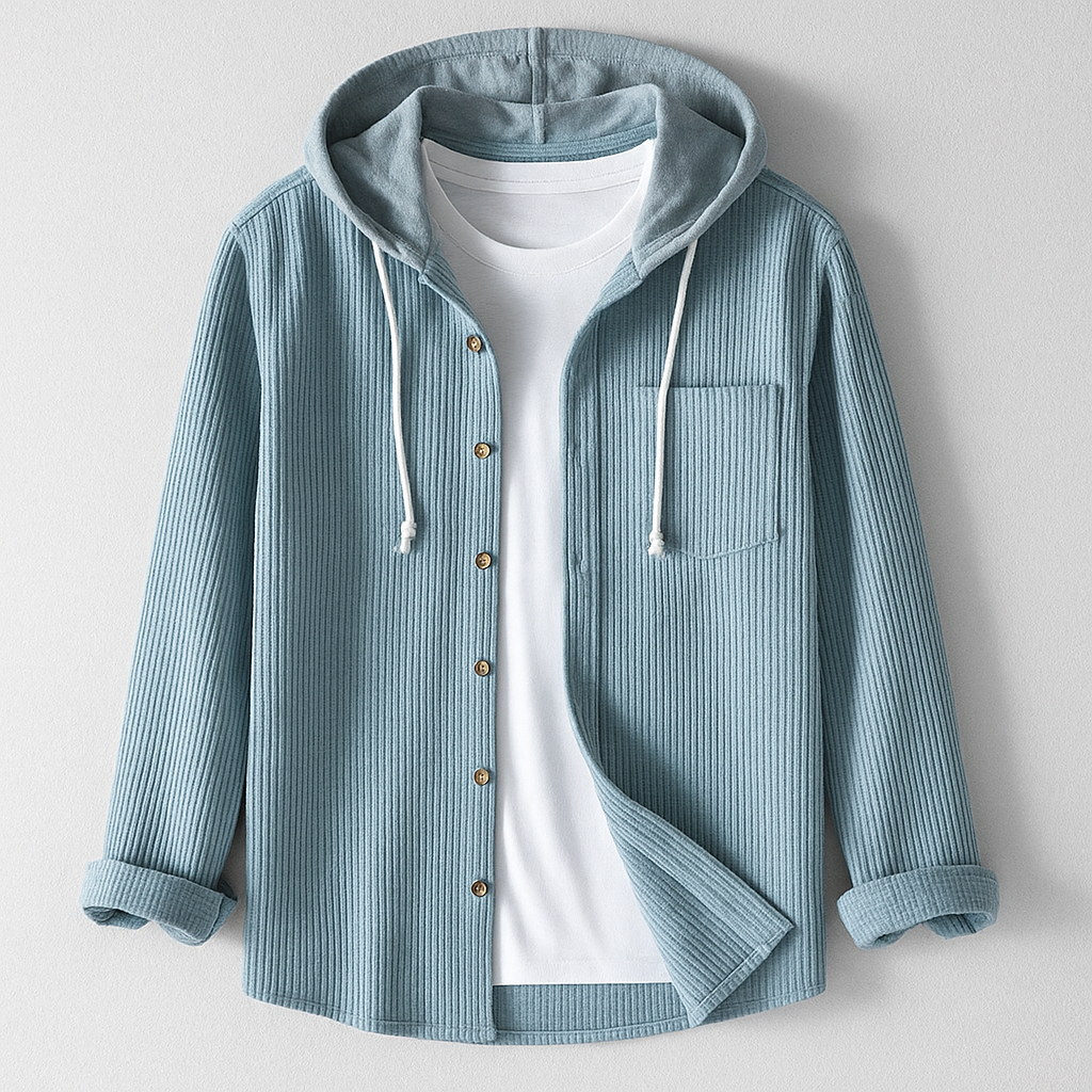 Men's Ribbed Knit Hooded Shirt with Button Front and Chest Pocket