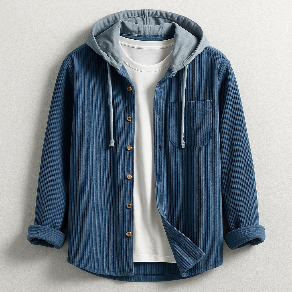 Men's Ribbed Knit Hooded Shirt with Button Front and Chest Pocket