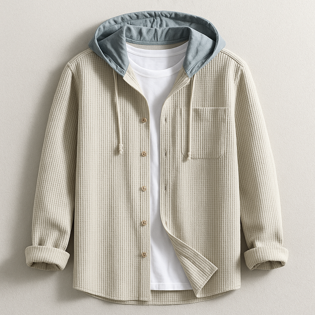 Men's Ribbed Knit Hooded Shirt with Button Front and Chest Pocket