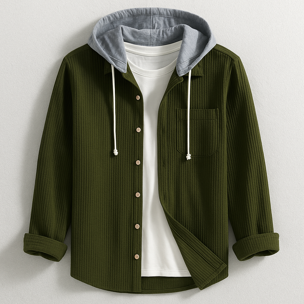 Men's Ribbed Knit Hooded Shirt with Button Front and Chest Pocket