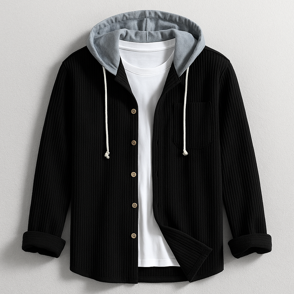 Men's Ribbed Knit Hooded Shirt with Button Front and Chest Pocket