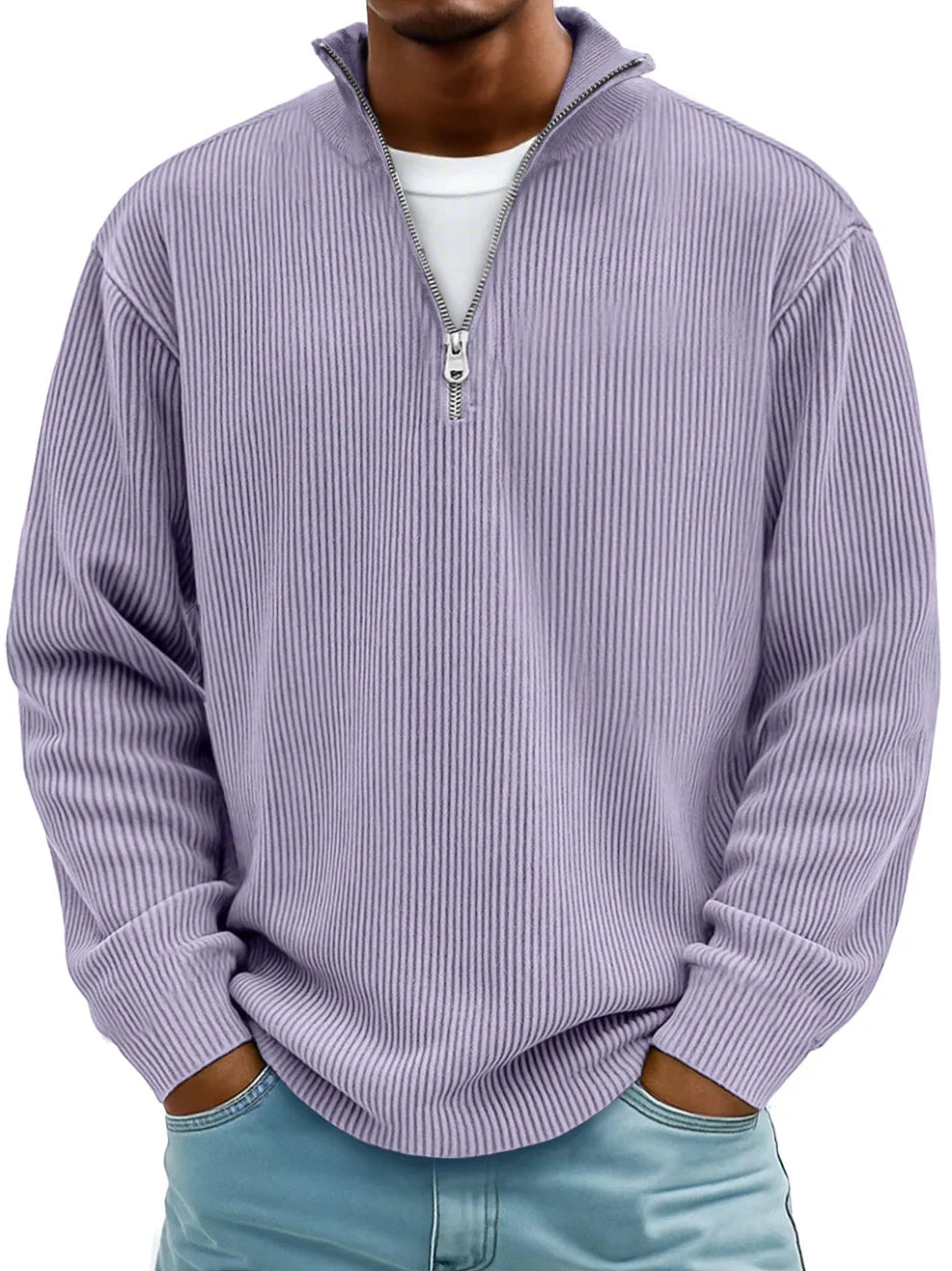 Men's Ribbed Knit Sweater with Quarter Zip and Stand Collar