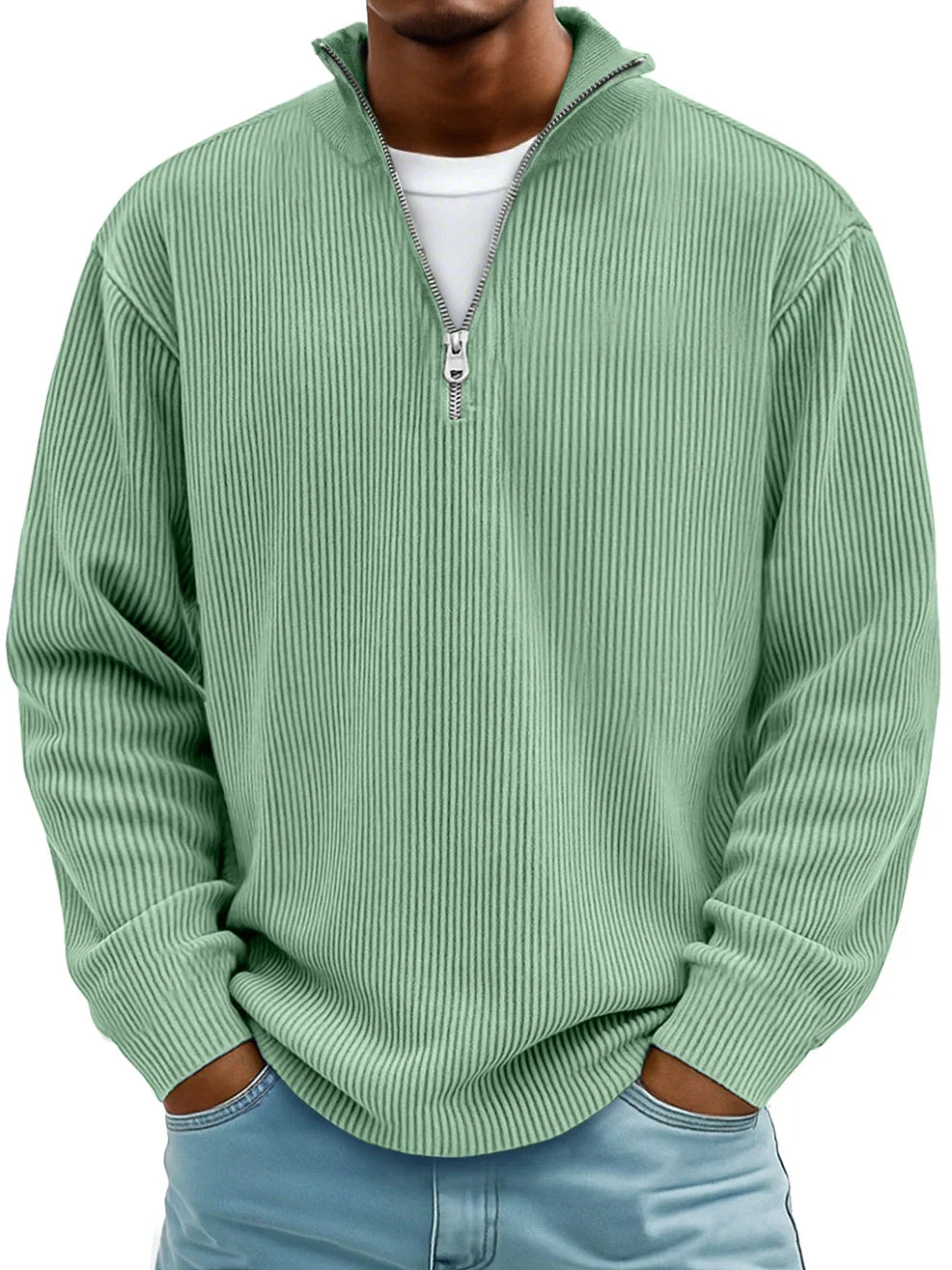 Men's Ribbed Knit Sweater with Quarter Zip and Stand Collar