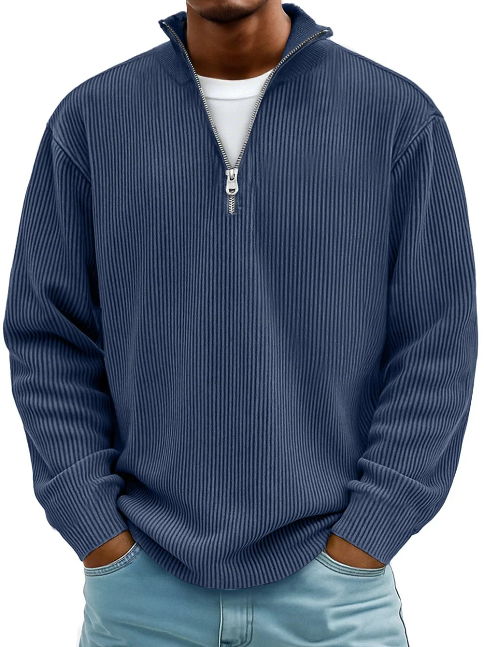 Men's Ribbed Knit Sweater with Quarter Zip and Stand Collar