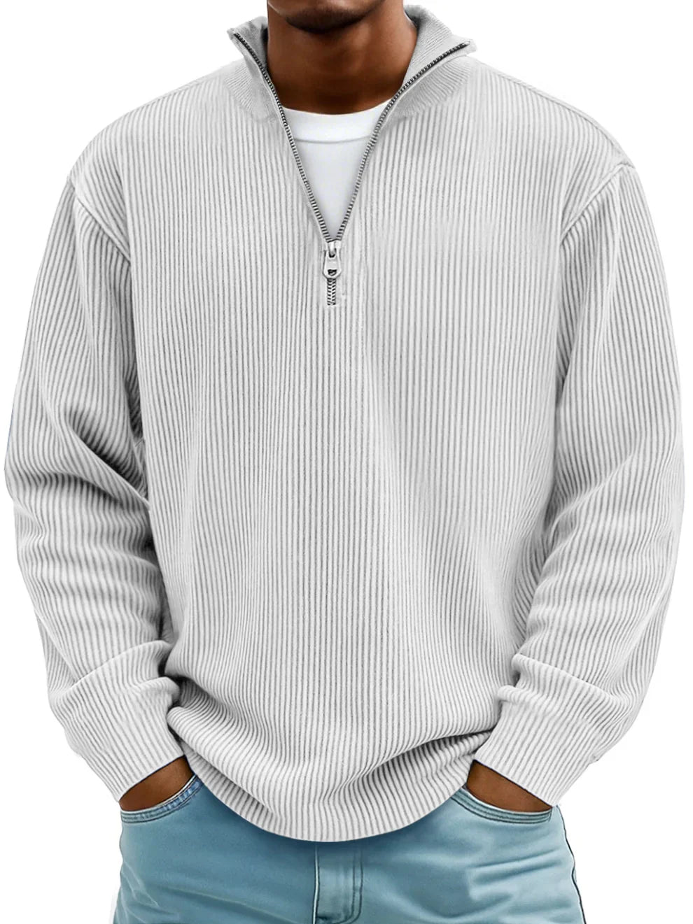 Men's Ribbed Knit Sweater with Quarter Zip and Stand Collar