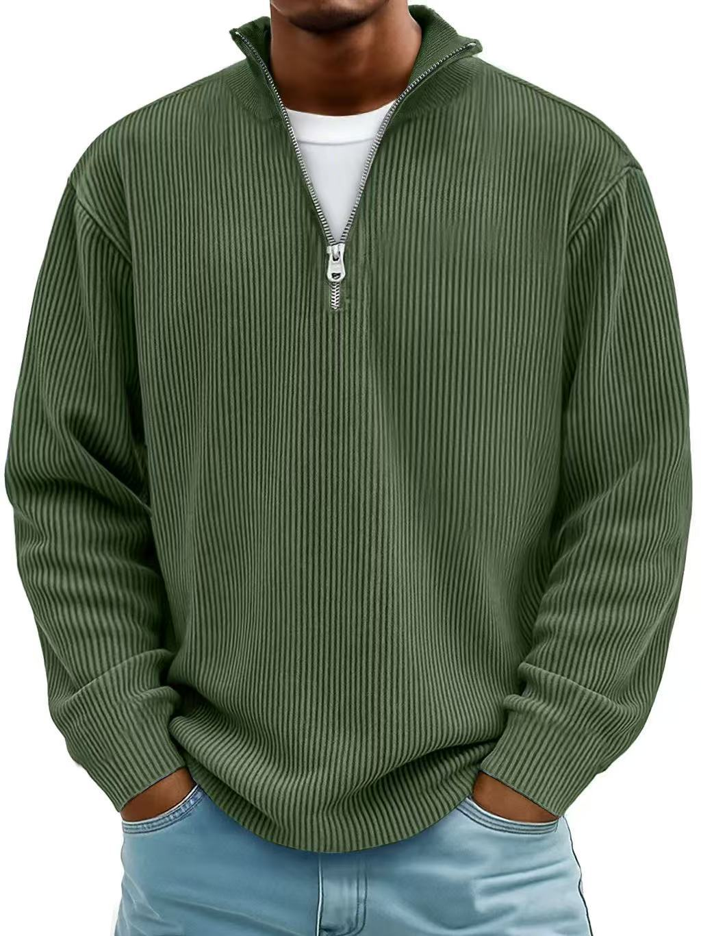 Men's Ribbed Knit Sweater with Quarter Zip and Stand Collar