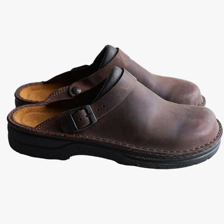 Men's Slip-On Faux Clogs with Buckle Strap and Stitched Sole
