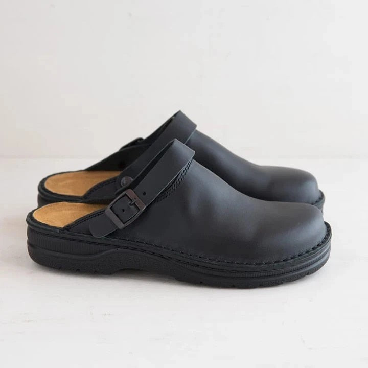 Men's Slip-On Faux Clogs with Buckle Strap and Stitched Sole