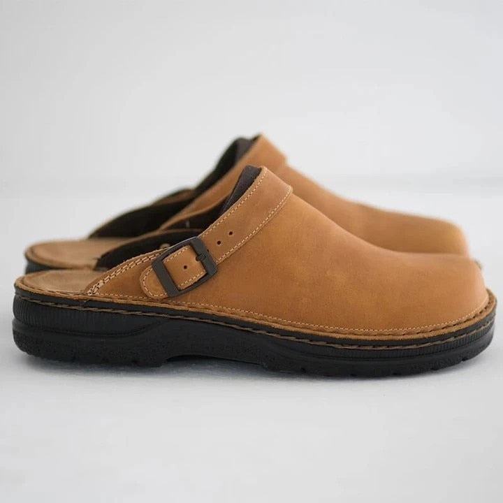 Men's Slip-On Faux Clogs with Buckle Strap and Stitched Sole