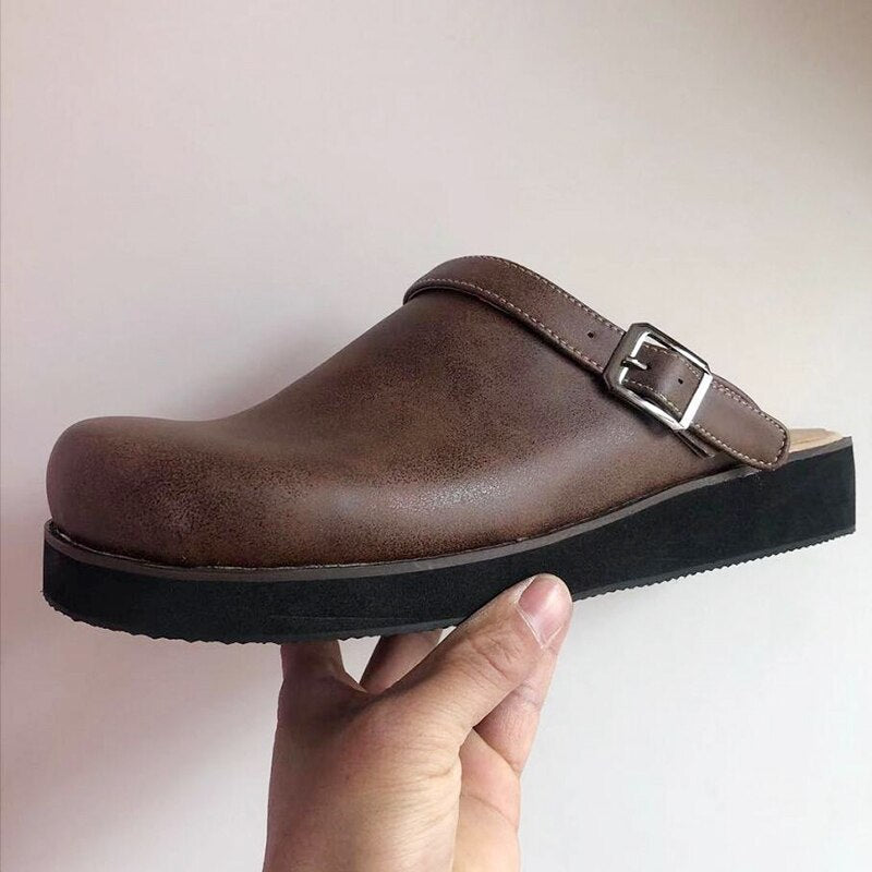 Men's Slip-On Faux Clogs with Buckle Strap and Stitched Sole