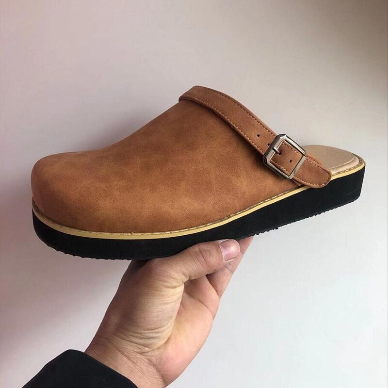 Men's Slip-On Faux Clogs with Buckle Strap and Stitched Sole