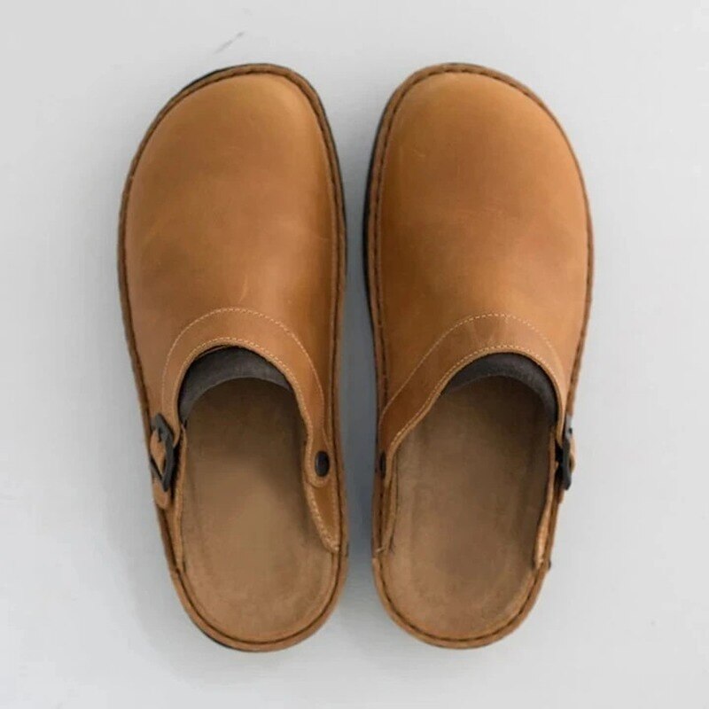 Men's Slip-On Faux Clogs with Buckle Strap and Stitched Sole