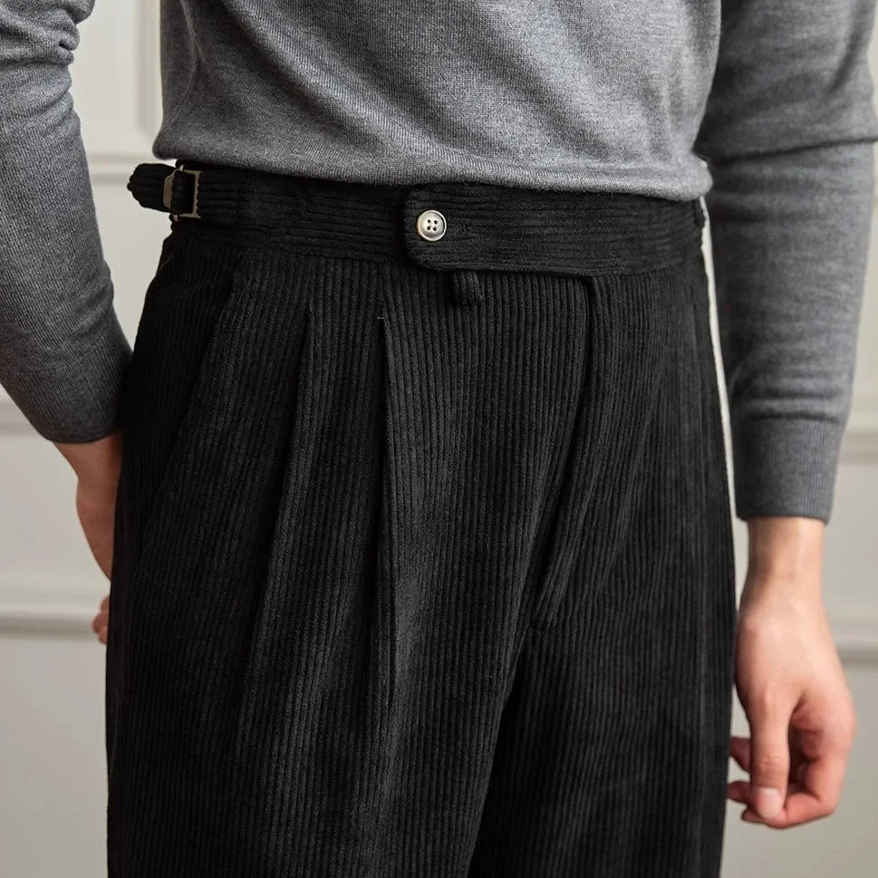 Men's Straight Leg Corduroy Pants with Pleated Front and Side Buckles