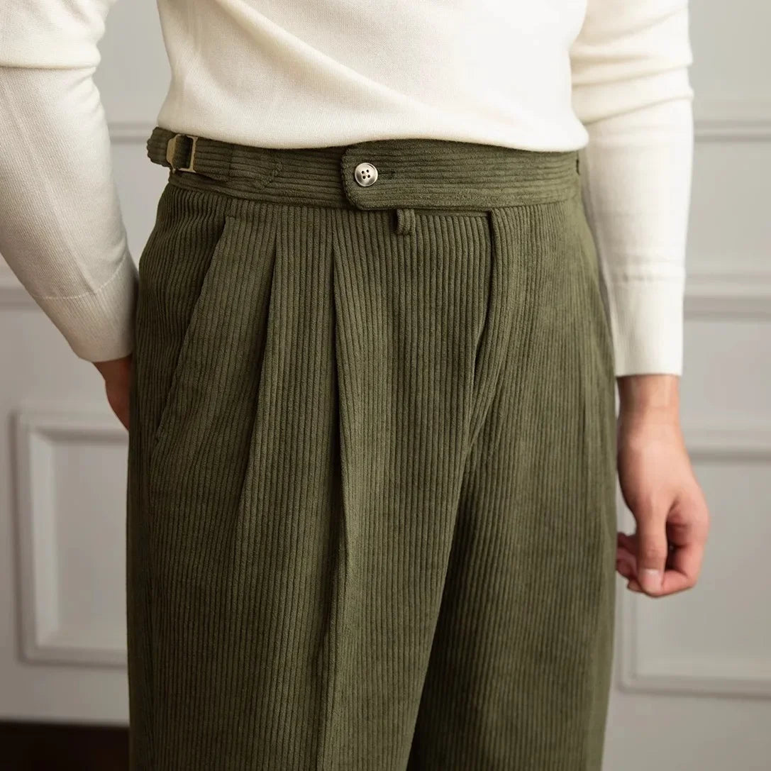 Men's Straight Leg Corduroy Pants with Pleated Front and Side Buckles