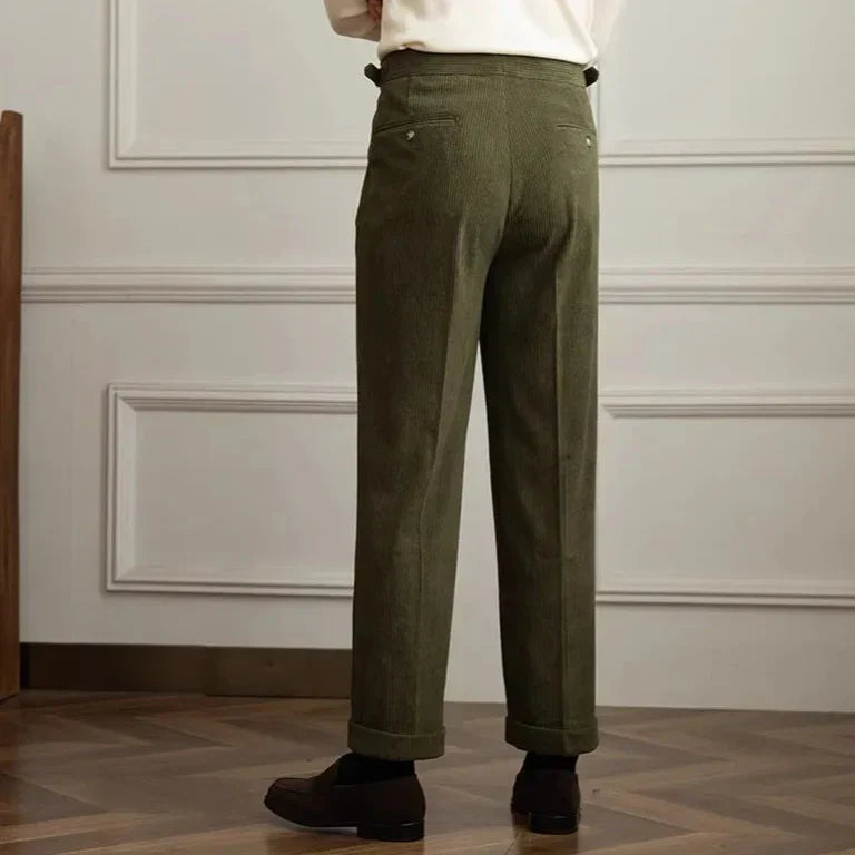 Men's Straight Leg Corduroy Pants with Pleated Front and Side Buckles