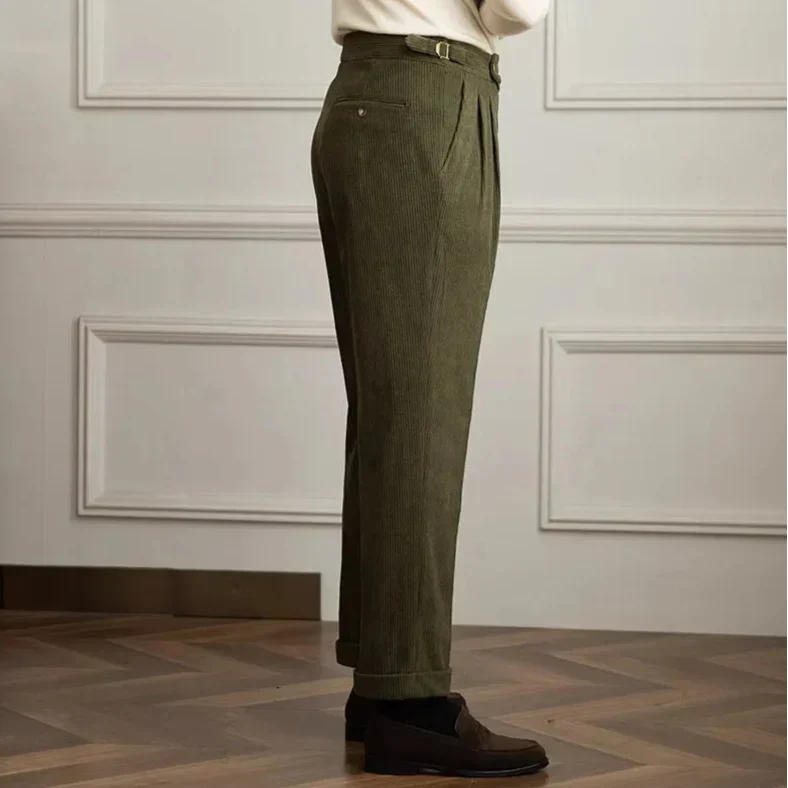 Men's Straight Leg Corduroy Pants with Pleated Front and Side Buckles